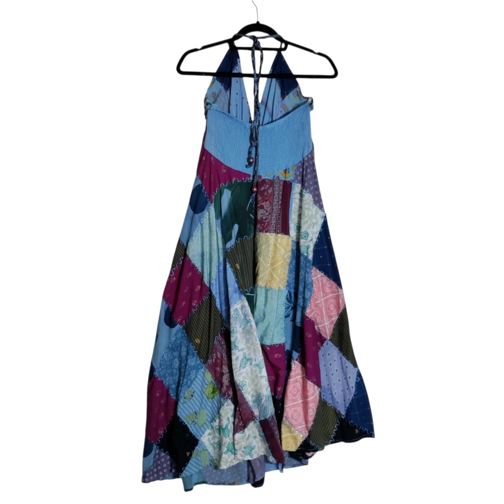 Advance Patchwork Boho Halter Maxi Dress Blue Pink Floral Rayon One Size